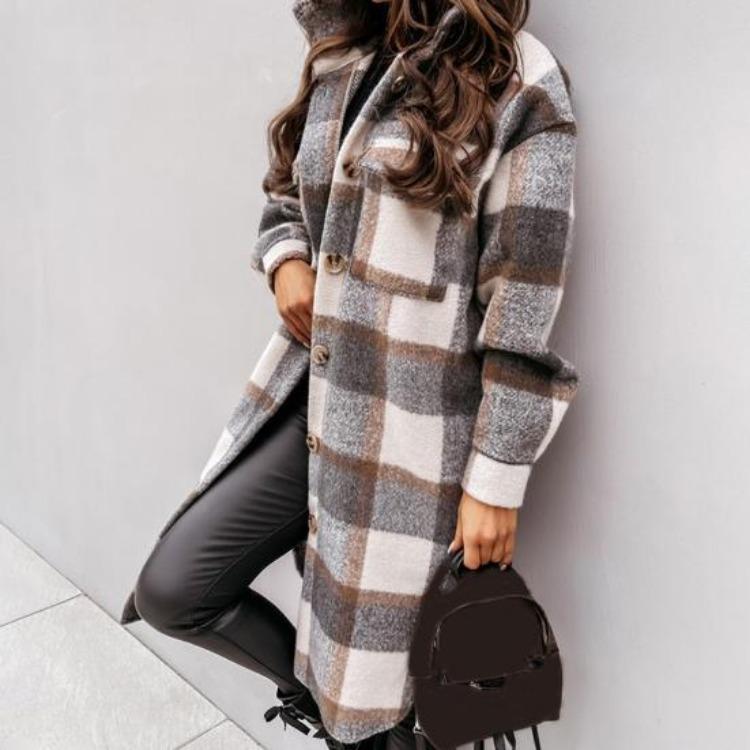 Women Woolen Coat Autumn Winter Plaid Print Turn Down Collar Long Sleeve Flap Pockets Outerwear