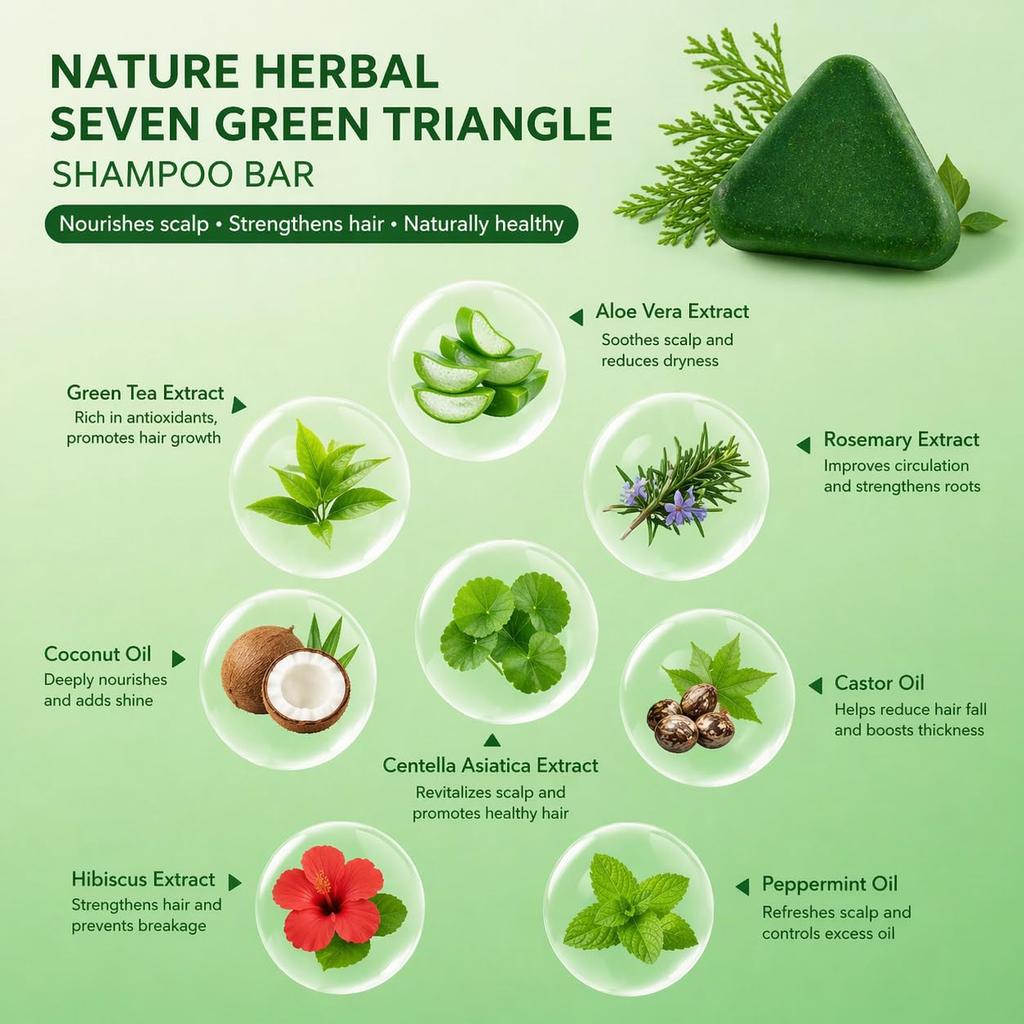 Glomix Nature Herbal Seven Green Triangle Shampoo Bar Soap with multyfunction, Oil Control, Dandruff Removal, Smoothening, Platycladus Usman Gras