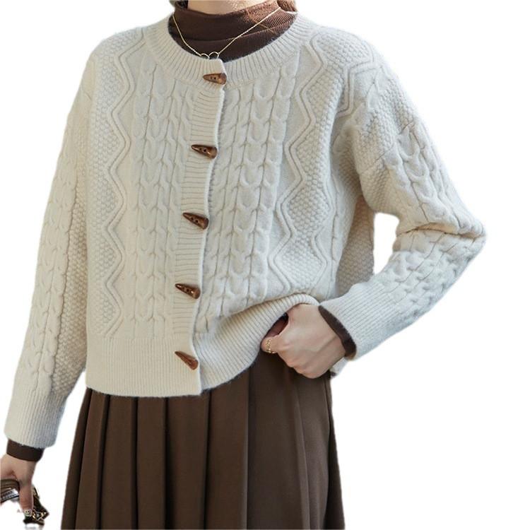 Autumn and Winter Chic Korean Version of Gentle Wind Solid Color Crew Neck Cardigan French Retro Horn Buckle Twist Sweater Jacket Thick
