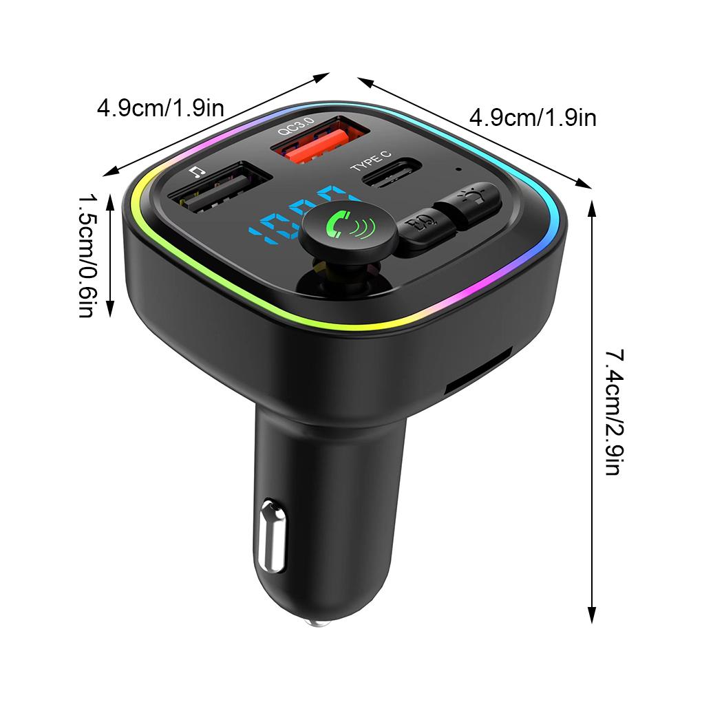 

Автомобильный Bluetooth 5.0 FM-передатчик, автомобильный комплект громкой связи с PD Type-C, два USB-порта, быстрое зарядное устройство, подсветка прикуривателя чёрный