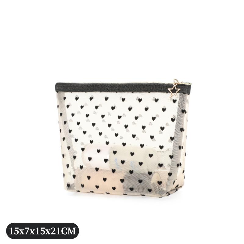 1pc Women Makeup Bag, Mesh Heart Flocked Decor,  Minimalist Mesh Heart Design Large Capacity, For Daily Use & Travel Makeup
