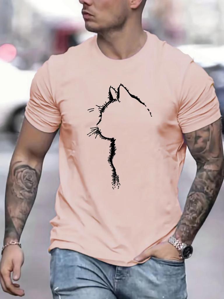 25 New Men's Pure Cotton Summer Loose Casual Comfortable Cat Print Sports Large Size Round Neck Short Sleeve T-shirt Street Top