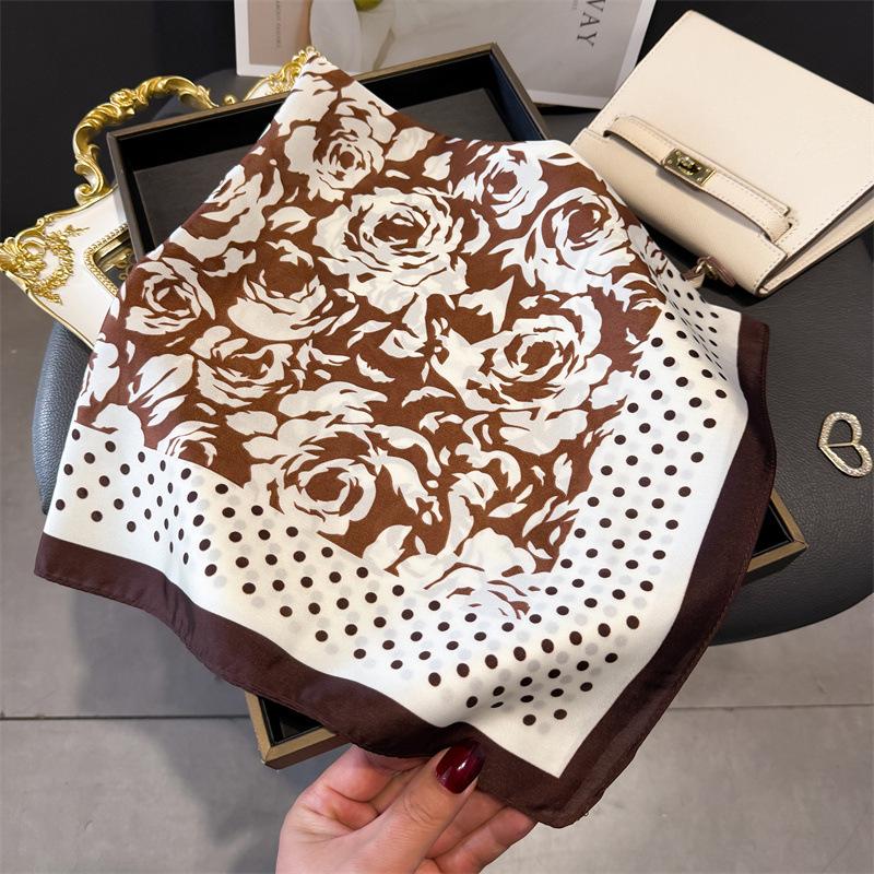 Romantic rose print silk scarf square scarf high-end sense versatile shawl sunscreen neck small square scarf headscarf women's scarf