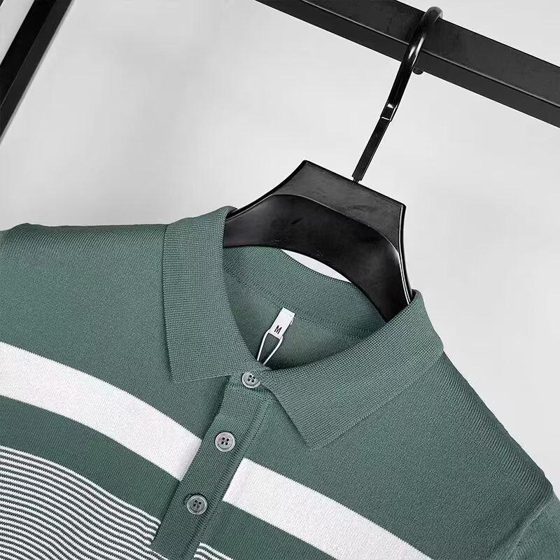 Herren Sommer Slim Gestreiftes Kurzarm-Poloshirt - Trendiges, lässiges Strick-T-Shirt mit Revers in Kontrastfarbe