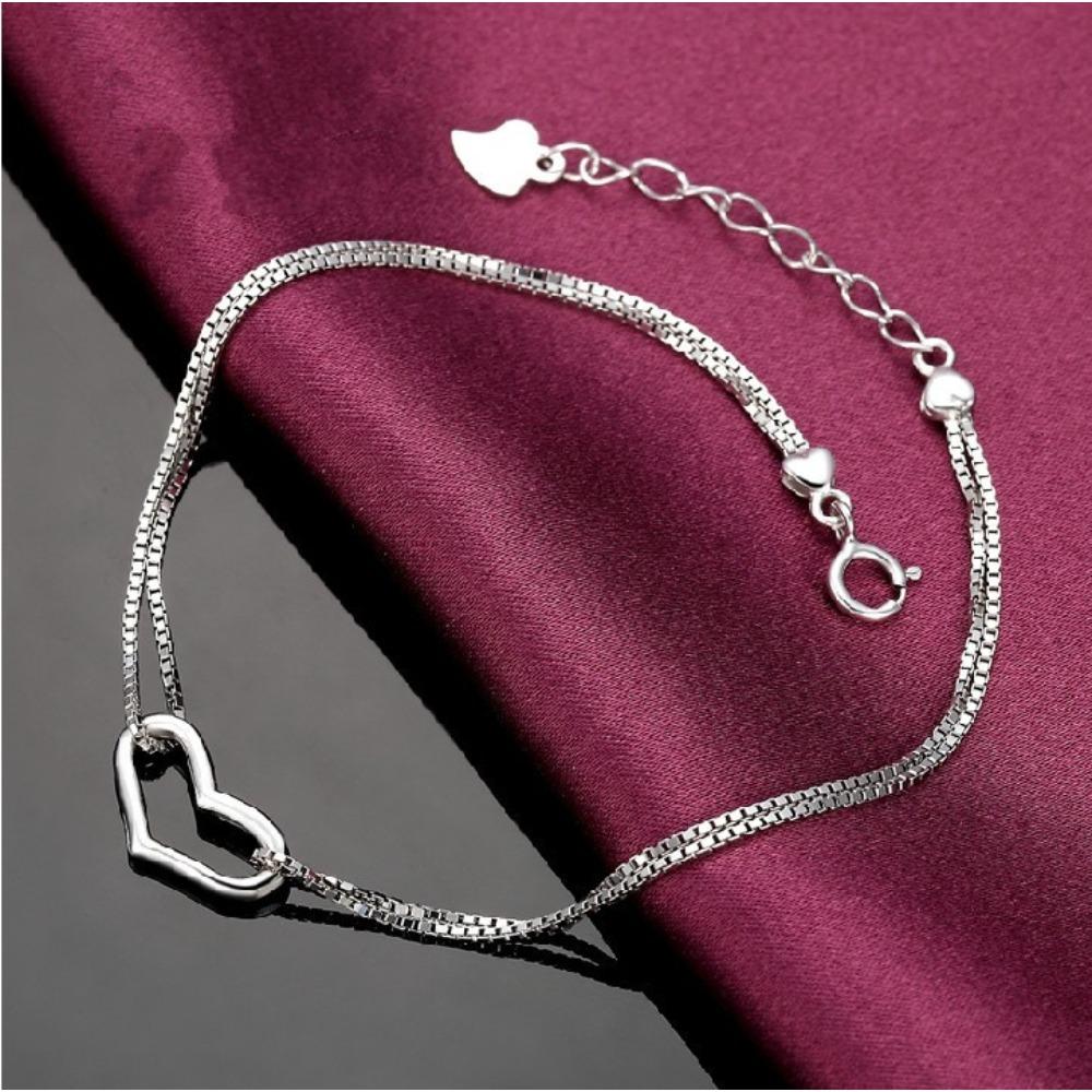 Heart Shaped Bracelet Double Line Love Diamond Plated White Gold Elegant Jewelry Gift for Her