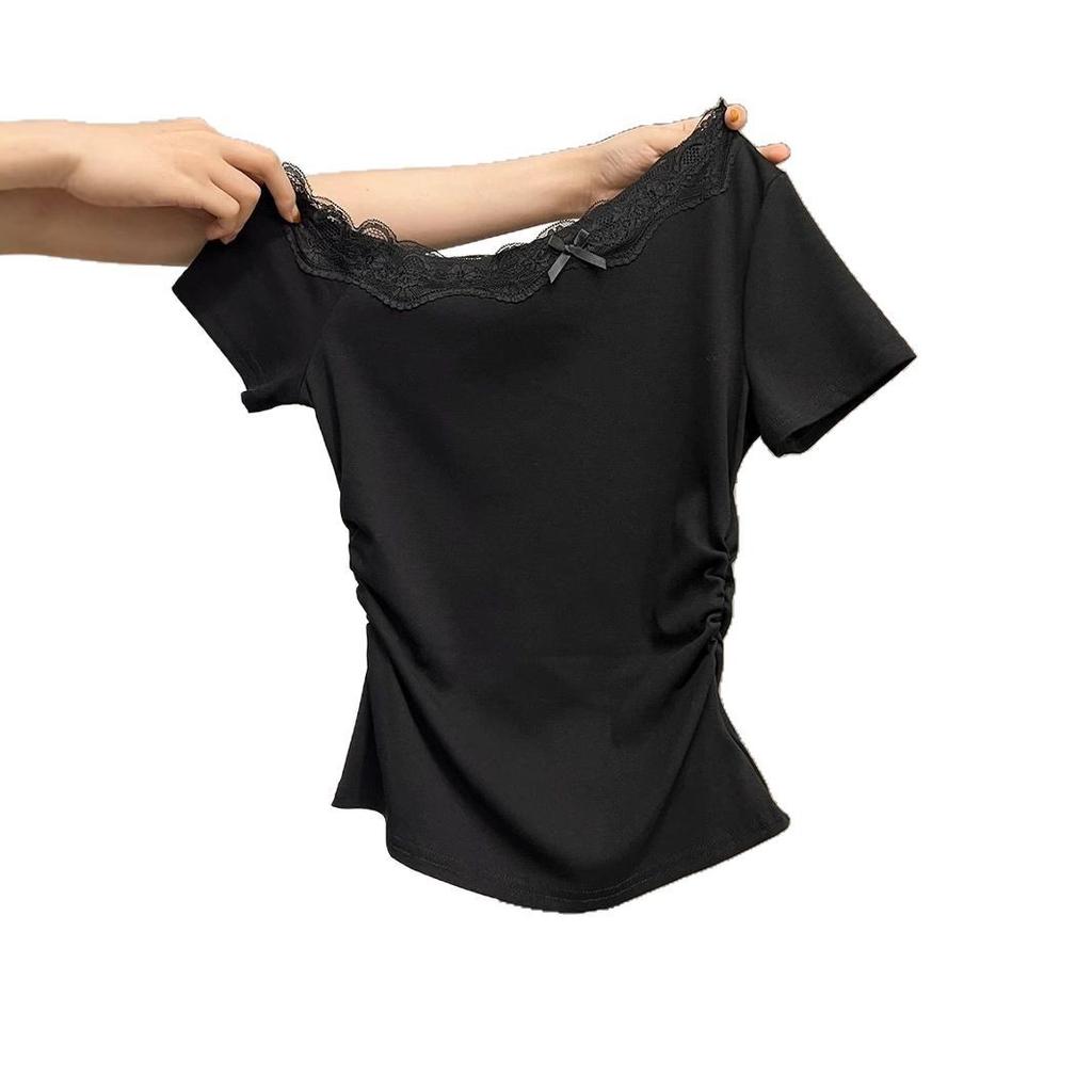Small Sexy Pure Lace Slash Shoulder Short Sleeve T-Shirt Women's Summer Spice Girl Slim Off-Shoulder Bottom Top Women's T