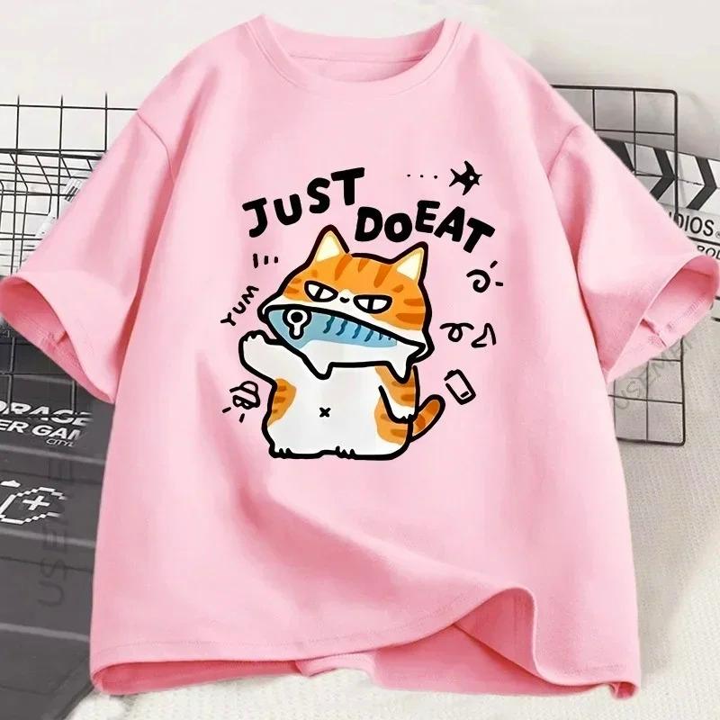 Funny Cat Eat Fish T-shirt for Women Summer Tops Tshirts O-neck Women Clothing Streetwear Short Sleeve Fashion Street Clothes