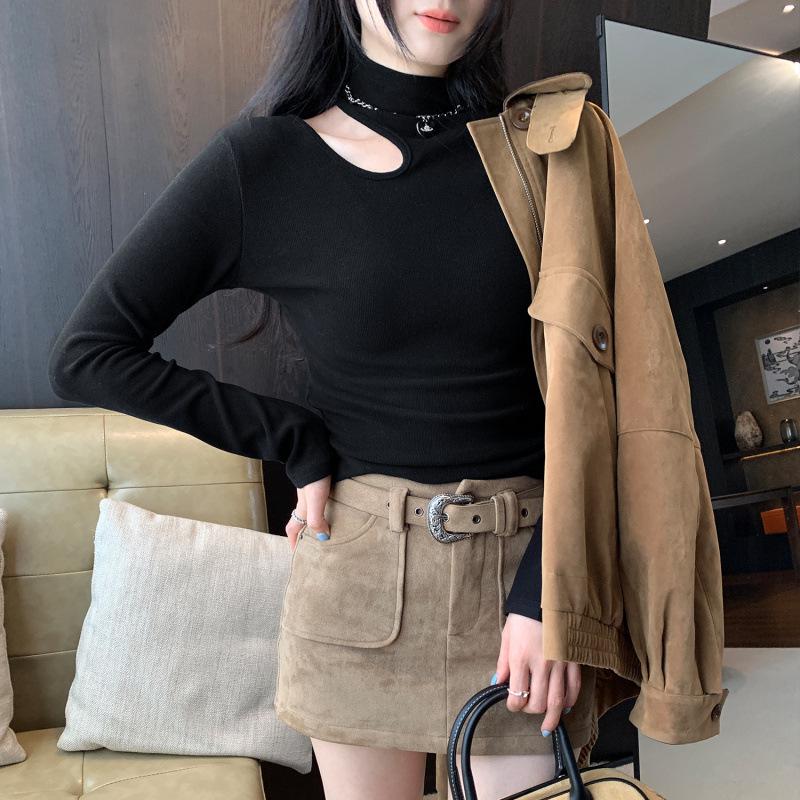 

Petite High Neck Hollow Out Long Sleeve White T-shirt for Women - Autumn/Winter 2025 M чёрный