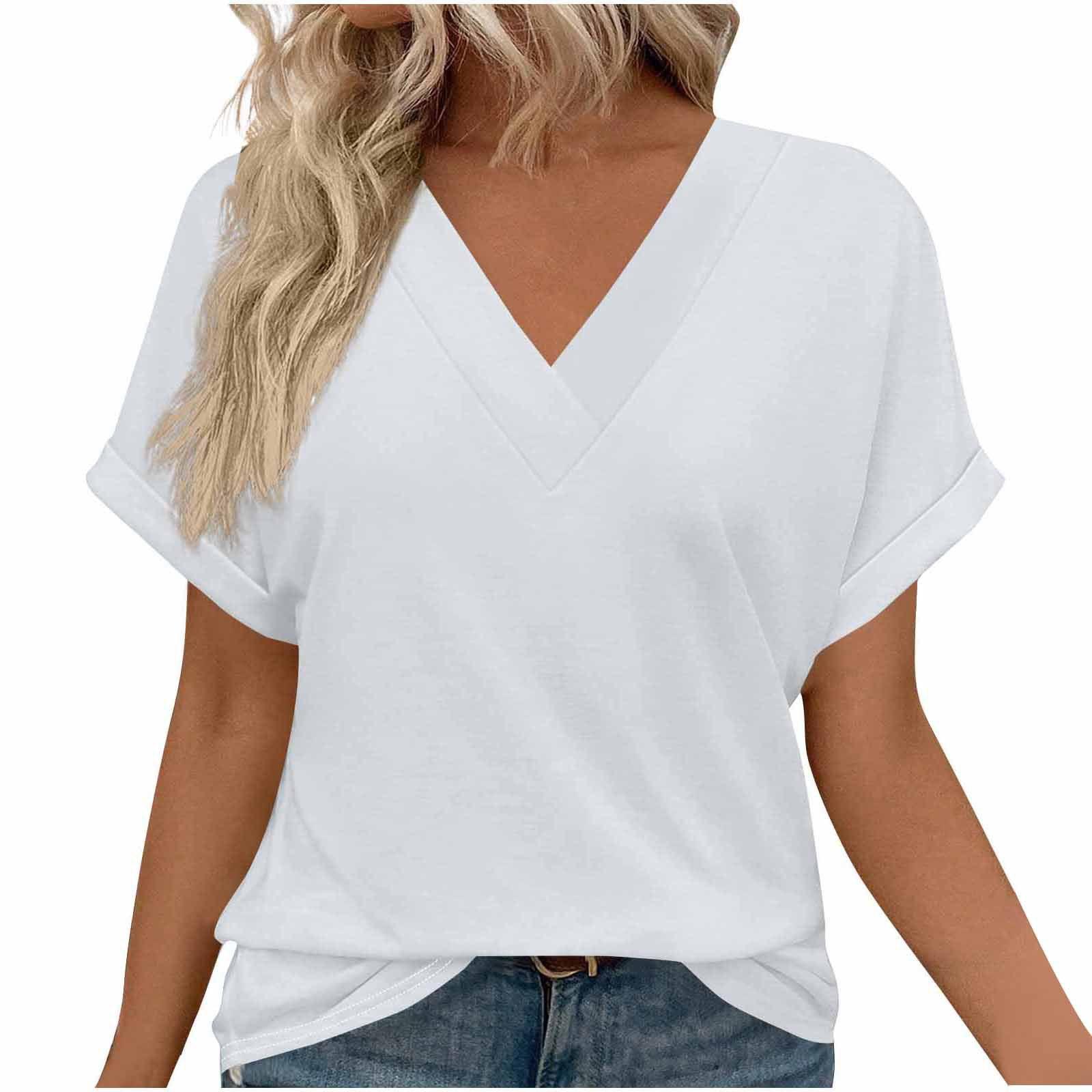 

Spring and summer European and American new women s clothing loose large size V-neck solid color short-sleeved T-shirt S белый