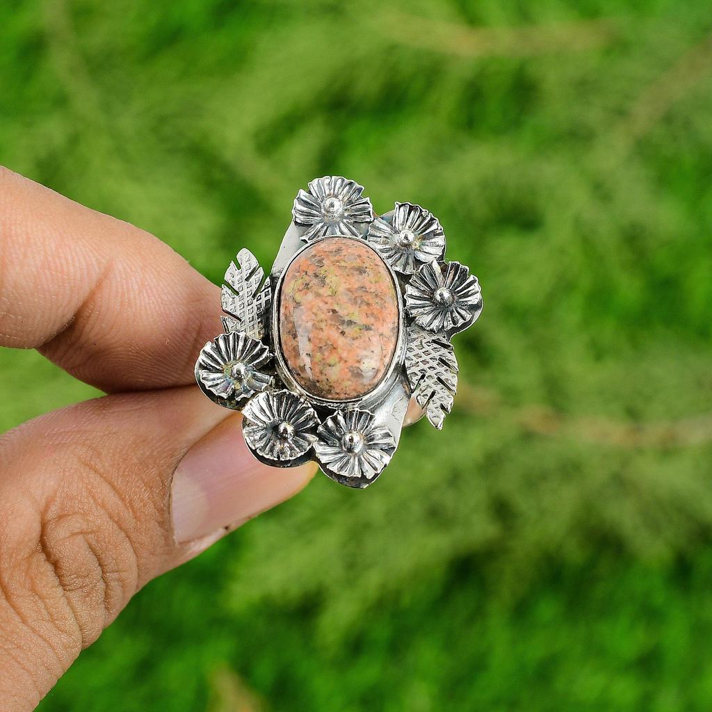 Natural Unakite Gemstone Solitaire Flower Adjustable Ring 925 Silver For Women