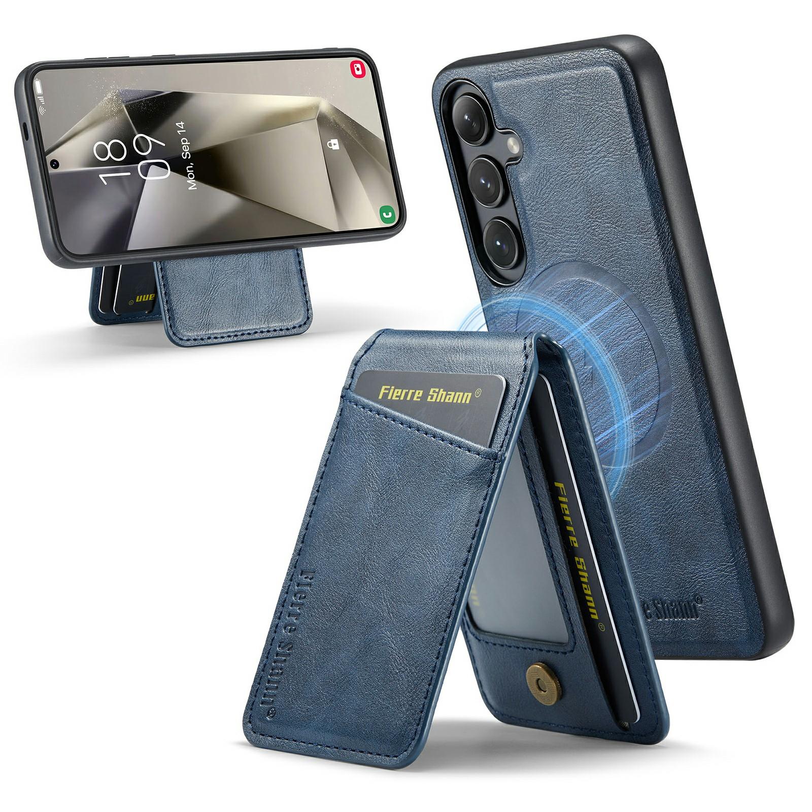 

FIERRE SHANN 025 Style For Samsung Galaxy S25 Case Leather+TPU Detachable Card Slots Phone Cover Blue