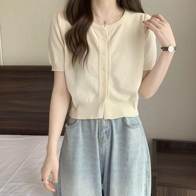 Jednokolorowy jednorzędowy krótki rękaw dzianinowy kardigan damski letni dopasowany krój lodowy jedwabny wyszczuplający uniwersalny krótki top