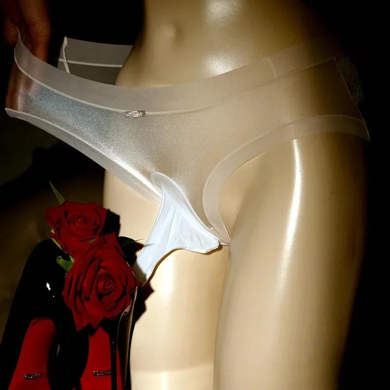 Men Lace Silky Sissy Peni Sleeve Underwear Men'S Briefs Underpants Breathable Transparent Quick-Drying Glossy Ice Silk Panties