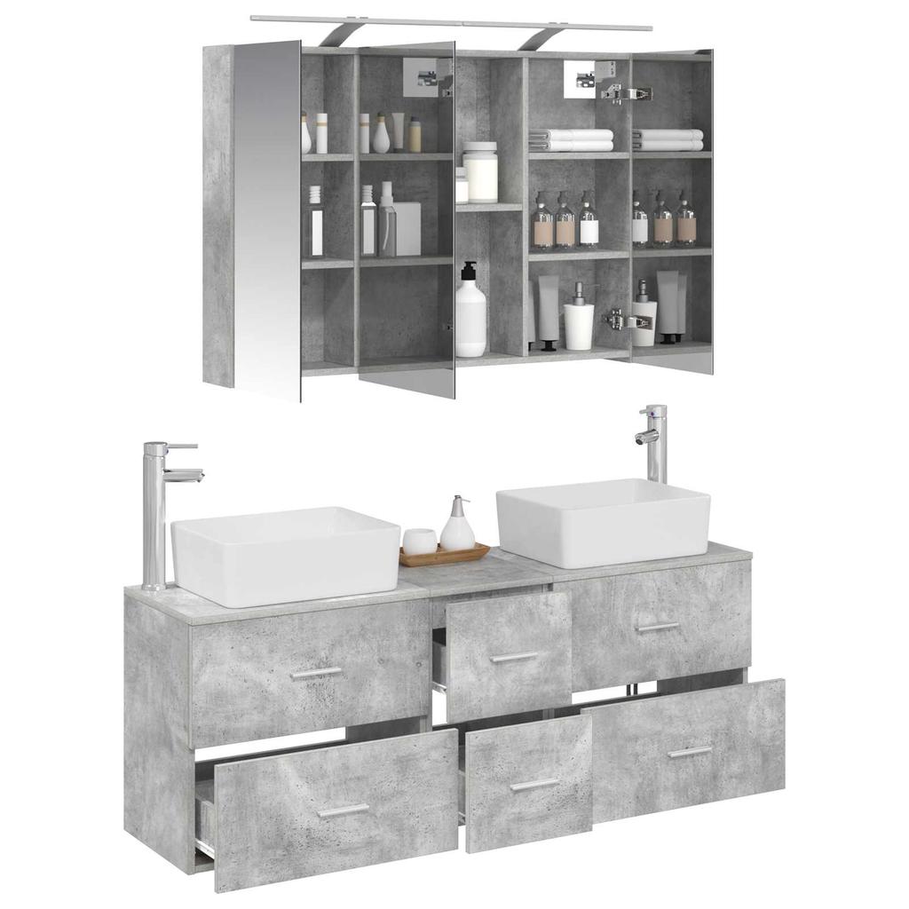 Bathroom Furniture Set 4 Pcs Concrete Grey Engineered Wood and Glass