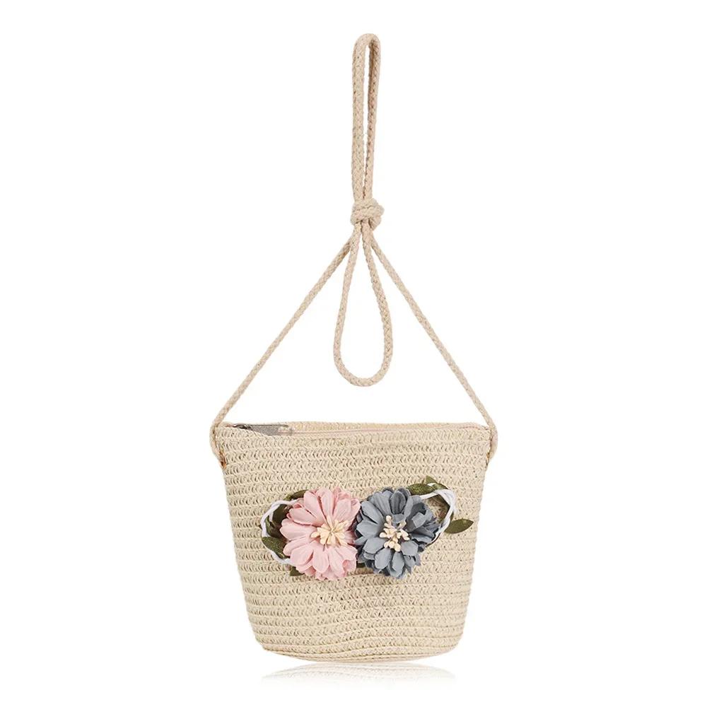 New Summer Kids Flower Caps Bag Girl Sandy Beach Hat Baby Coin Cute Weave Straw Purse Children's Messenger Backpack
