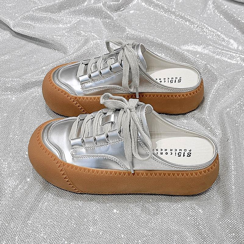 Baotou halvtofflor dam sommar ytterkläder 2025 nya en-pedal latmansskor utan klack retro muffin tjock basplatta skor