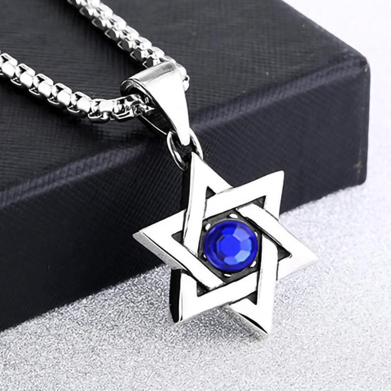 Accessories Personalized Retro Hexagram Blue Diamond Red Diamond Men'S Titanium Steel Stainless Steel Pendant Necklace