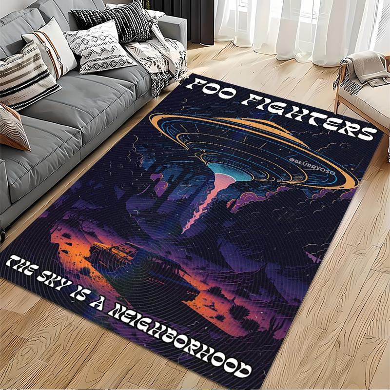 Rock Band Area Rug, Foo Fighters The Sky is a Neighborhood UFO Desert Car Synthwave Print, Music Studio Decor, Non-Slip Mat