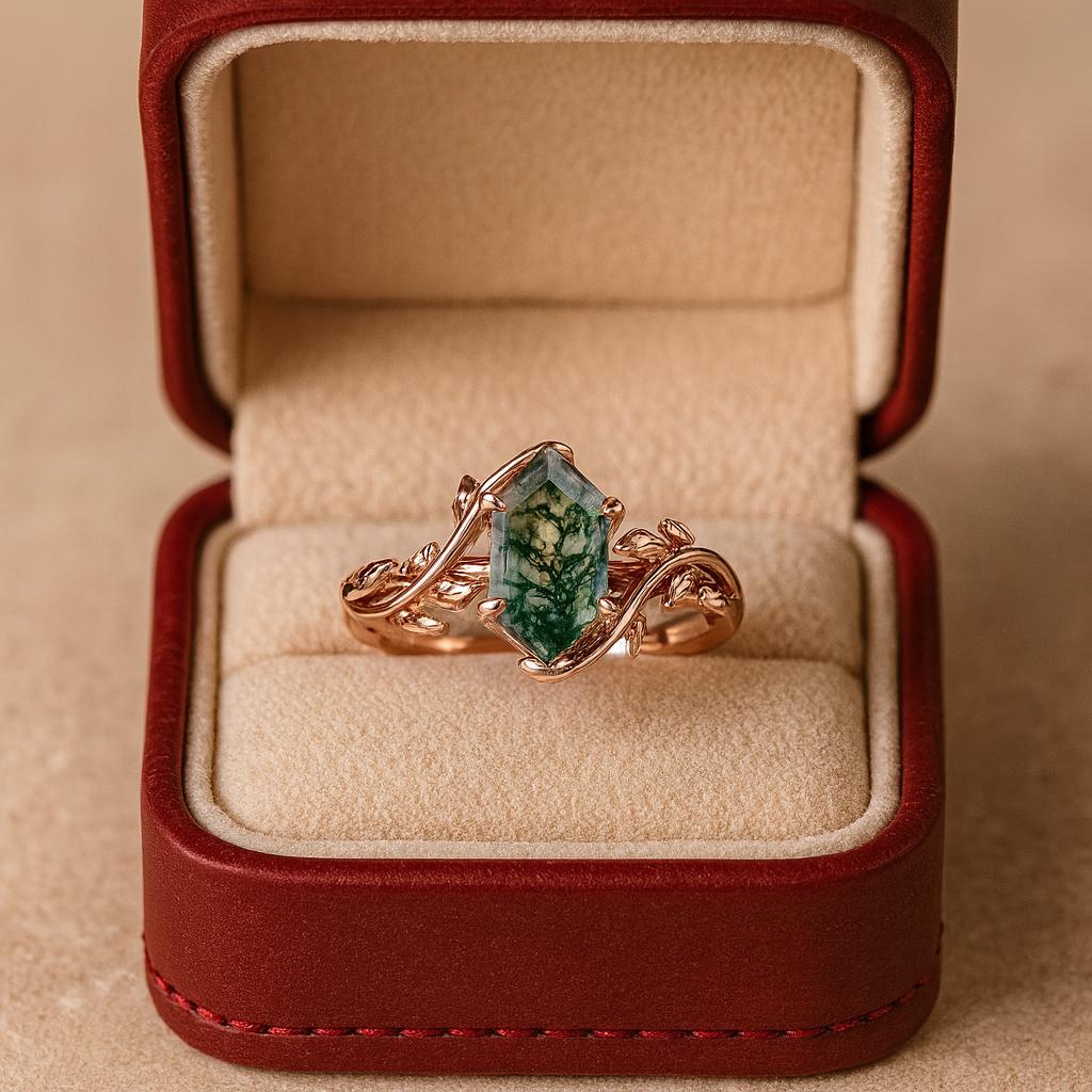 

Кольцо-веточка с моховым агатом шестиугольной формы, Свадебные украшения в стиле природы, Кольцо для помолвки с зеленым агатом, Q розовый