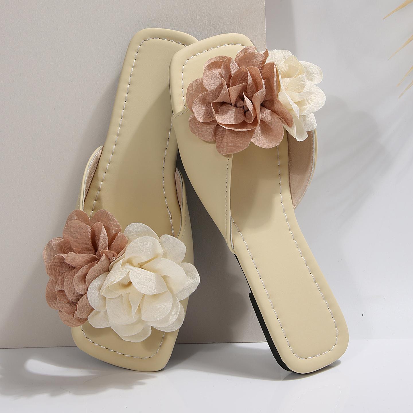 

Тапочки женские 2025 лето уличная мода модные на плоской подошве нескользящие шлепанцы на одно слово большой размер внешняя торговля цветы женские крутые тапочки 43 бежевый