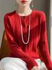 Women's Red 100% Pure Wool Cable Knit Cardigan Sweater - Loose Fit, Round Neck, New Year Style