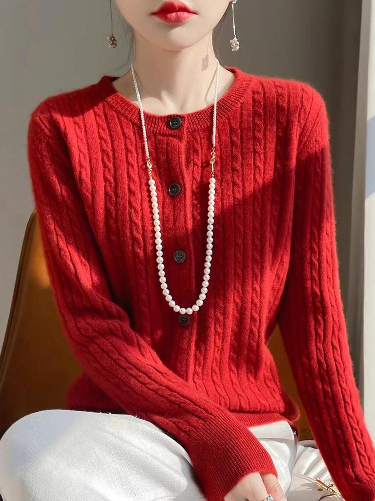 Women's Red 100% Pure Wool Cable Knit Cardigan Sweater - Loose Fit, Round Neck, New Year Style
