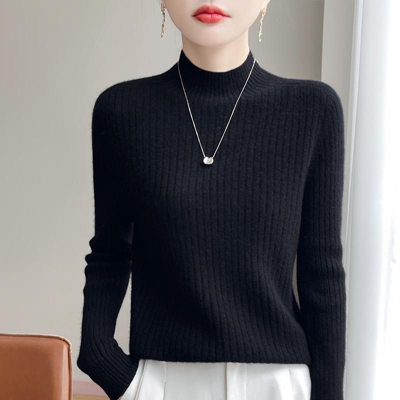 Damen Slim Fit Halbhoher Kragen Rippstrickpullover - Dick gestrickt Einfarbig für Herbst & Winter