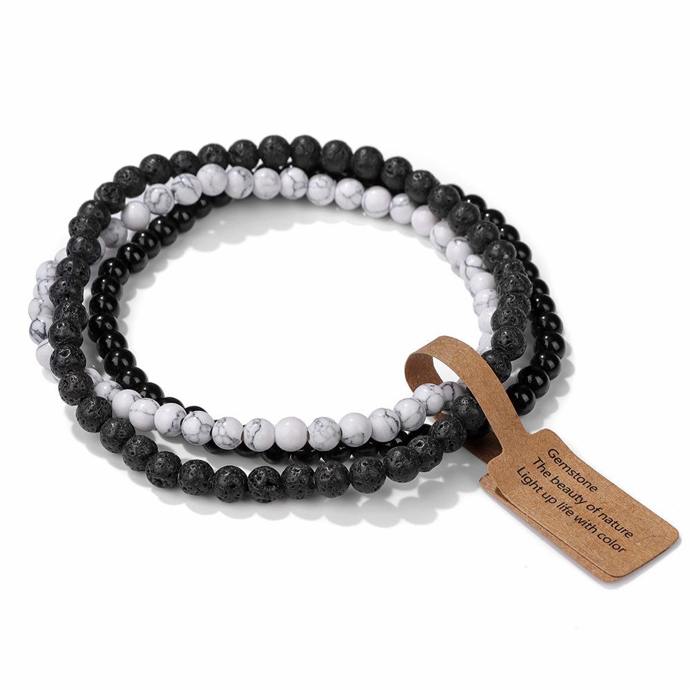 3 Pieces Natural Stone 4mm Beads Elastic Bracelets For Women Men Moss Agates Rose Quartzs Stretch Bracelet Set With Tag Jewelry