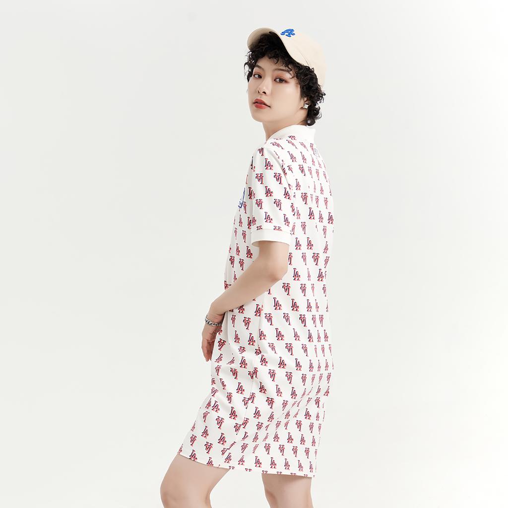 MLB Los Angeles Dodgers Polo Collar Interwoven Letter Mid Waist A-Line Casual Trendy Sports Short Sleeve Dress Women dresses Cream 3FOPM0233-07CRS
