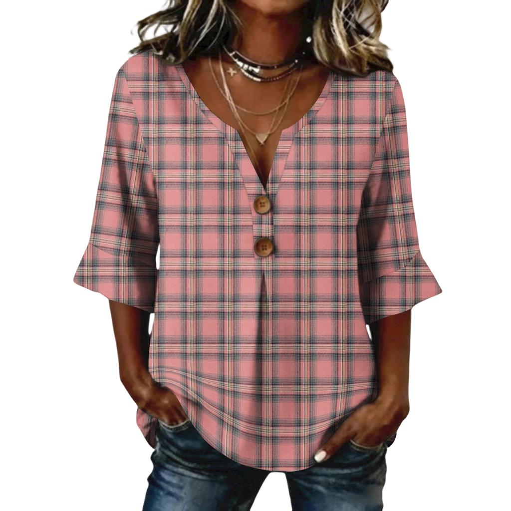 Ladies' plaid printed button casual V-neck fashionable seven quarter sleeve top