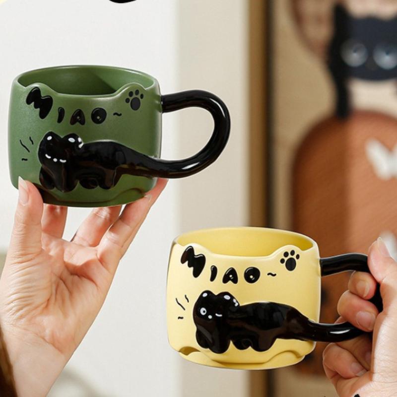 1 szt. Kreskówkowe Koty Ułożone Kubki z Uchwytem w Kształcie Ogona Kota, 380 ml Urocze Czarne Koty Ceramiczne Kubki do Kawy Kubki do Herbaty na Domowe Biuro Prezenty