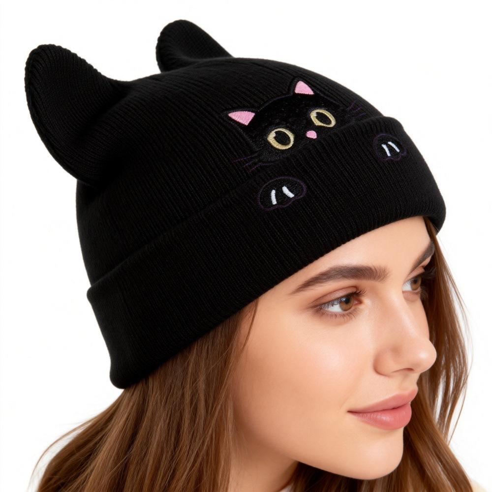 Popular Women's Probe Kitten Embroidered Beanie Birthday Gift Animal Cartoon Warm Knitted Hat