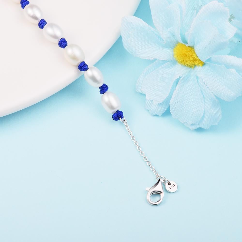 Freshwater Cultured Pearl Blue Cord Chain Bracelet 100 %925 Sterling Silver Jewelry For Sister Wife Mother Friends Gift B145