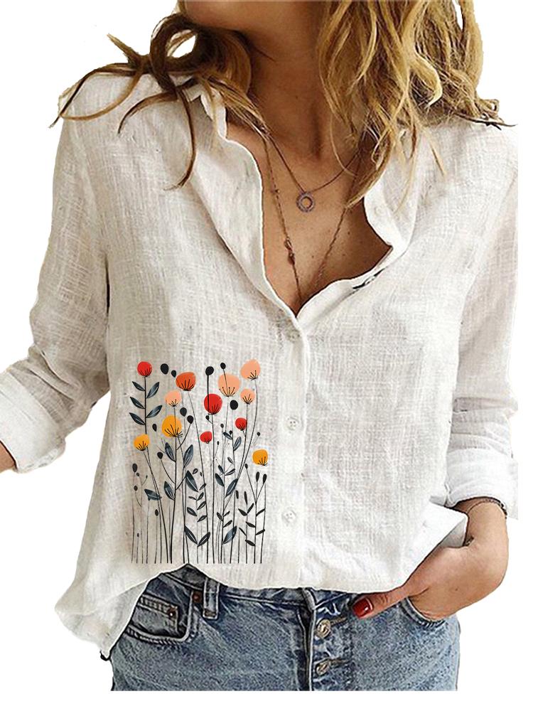 Γυναικείο Μόδας Βαμβακερό Λινό Μπλουζάκι Γυναικείο Casual Φαρδύ Τοπ Γυναικείο με Σχέδια Μακρυμάνικο Πουκάμισο