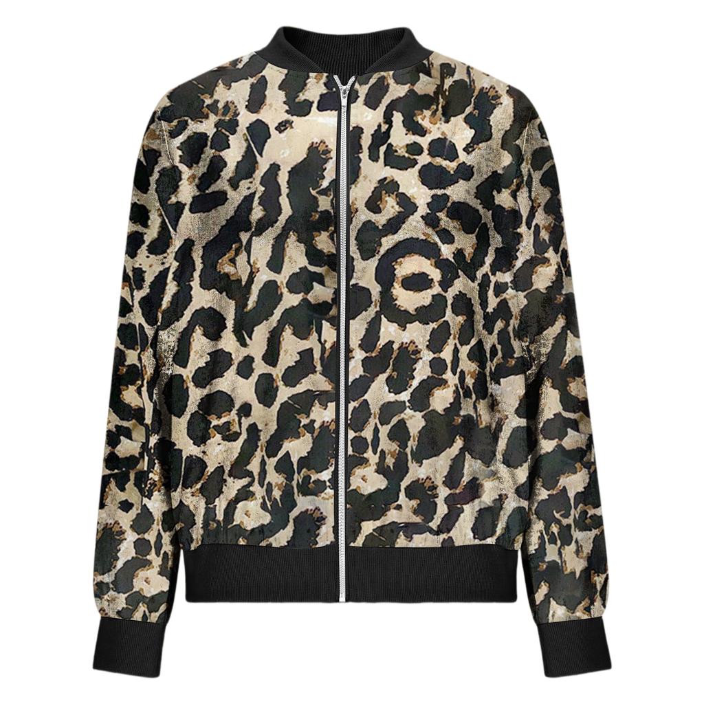 Women’s Leopard Print Bomber Jacket – Casual Lightweight Zip-Up Long Sleeve Fashion Outerwear for Spring and Fall Style