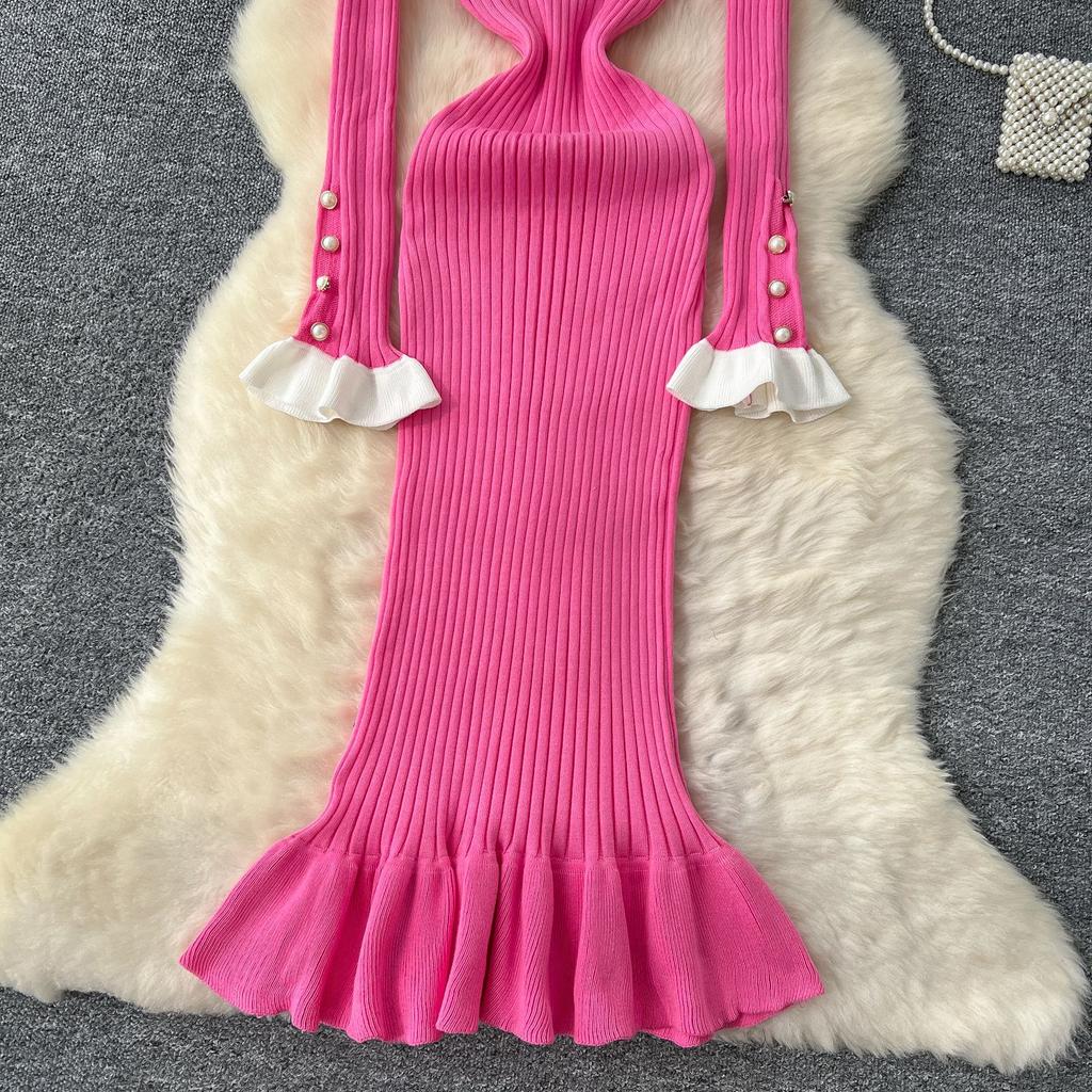 Knitted Dress Women's Autumn and Winter French Retro Color Collision Doll Collar Single-breasted Waist Slim Fishtail Long Dress
