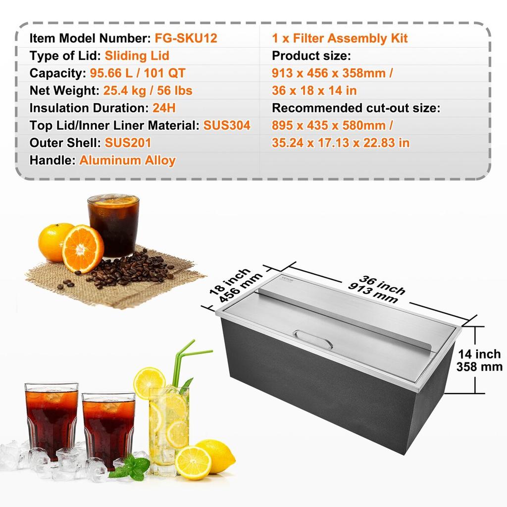 36"x18"x14" Drop In Ice Chest Ice Cooler Ice Bin Stainless Steel w/Cover