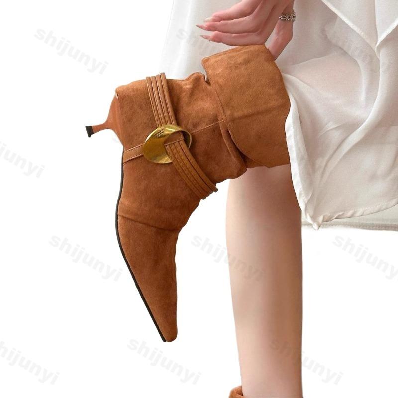 Fashion Women's Ankle Boots 2025 Autumn Pointed Toe High Heels Shoes Woman Chelsea Boots Dress Pumps Suede Leather Mujer Zapatillas