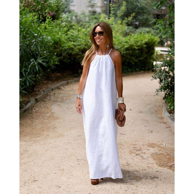 

Hanging Neck Slit Cotton Linen Casual Vacation Dress Black M