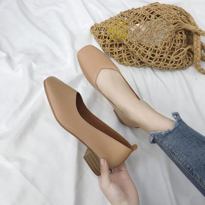Shallow Mouth New Grandma Shoes Korean Version Soft Leather Single Shoes Women's Square Head Thick Heel  Medium Heel Retro Women's Shoes