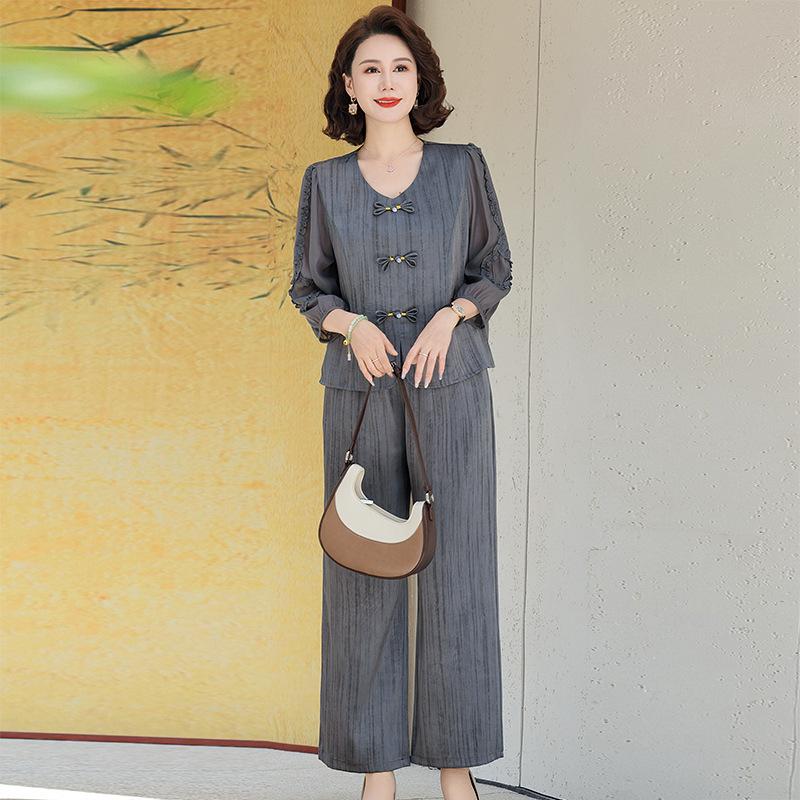 

Великий розмір 5XL Весняний жіночий костюм для матері. Жіночий модний тонкий костюм-двійка з темпераментними швами, сорочка, блуза, широкі штани. L сірий