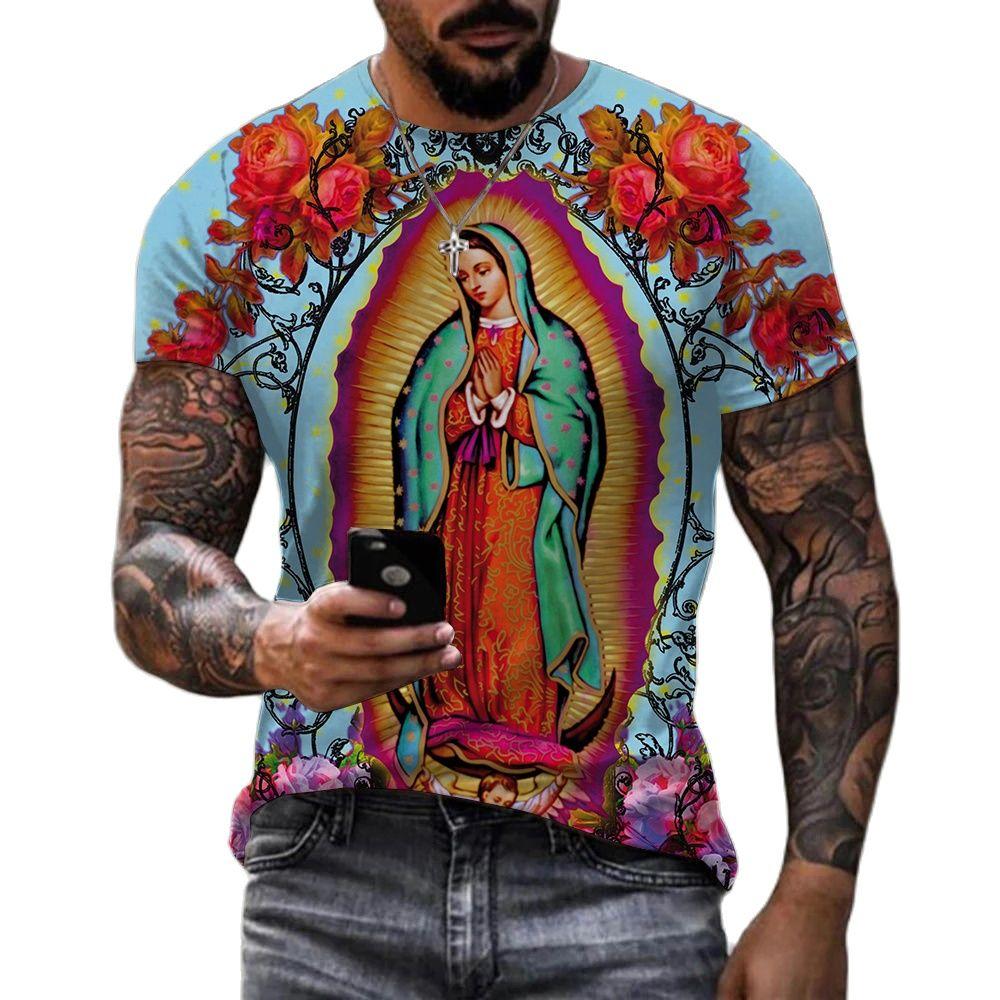 Summer Round Neck 3D Guadalupe Virgin Mary Catholic Print Top Fashionable Casual Short Sleeved Men's T-shirts