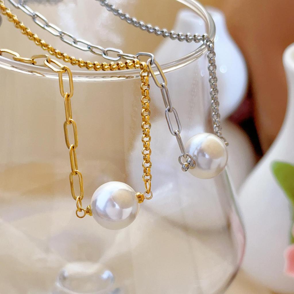 Pearl Oval Gold Bean Titanium Steel Bracelet/Necklace: Women's Fashionable Non-Fading Jewelry with an Internet Celebrity Niche Design.