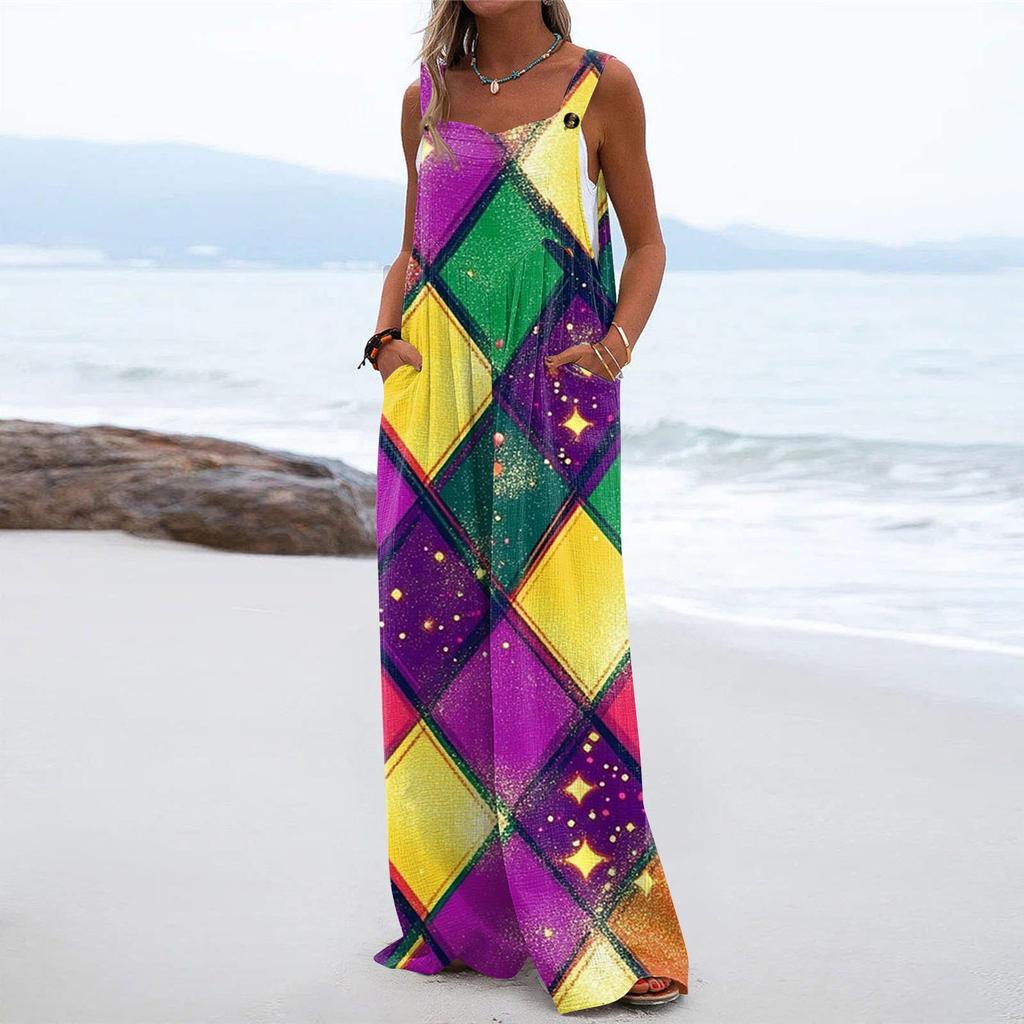 Salopette a gamba larga da donna casual ampia senza maniche con stampa bottoni pantalone lungo tutina jumpsuit con tasche