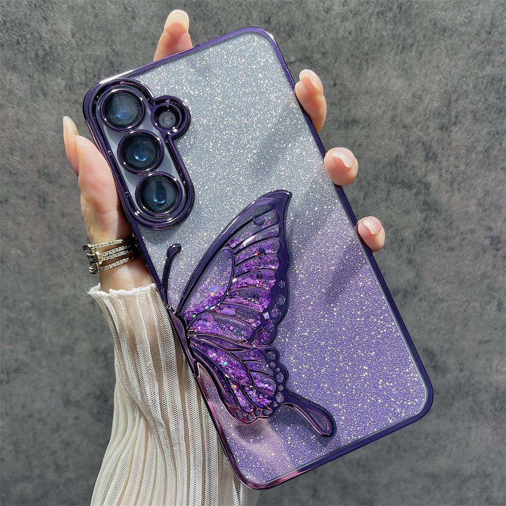 Shiny Glitter Armor Plating Transparent Phone Case For Samsung Galaxy S24 Ultra Plus S24Plus S24Ultra Butterfly Cover