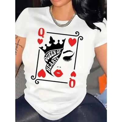 European Size Women's Queen of Hearts Graphic Print T-Shirt - Loose Fit Casual Short Sleeve Round Neck Top with Crown