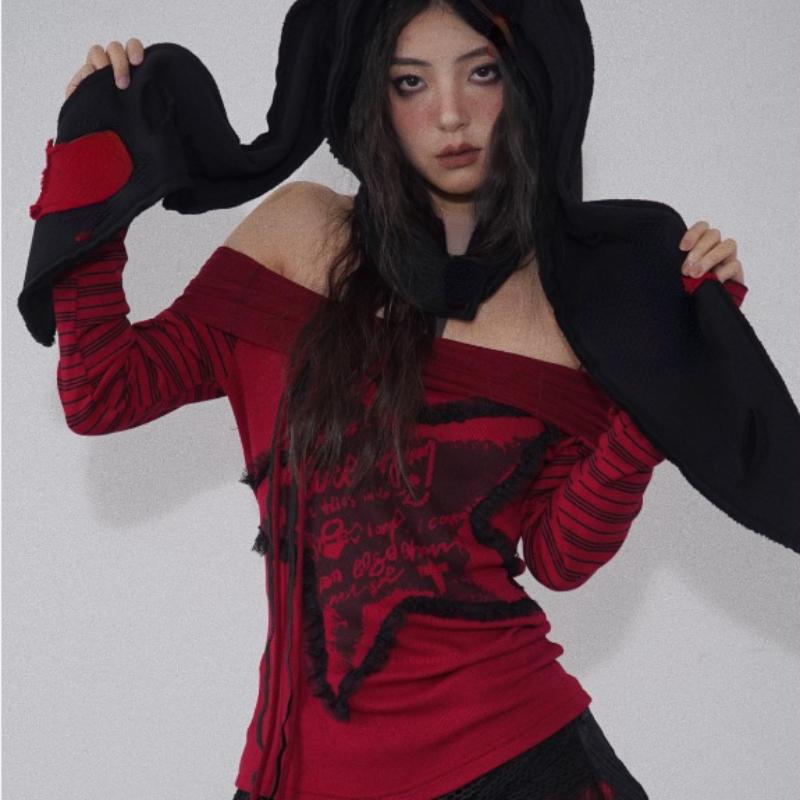 Módní trička Harajuku Y2k s dopisním potiskem 2024 Trička s dlouhým rukávem Bez ramene Pruhovaná trička Streetwear Ženy Grunge Trička s proříznutým výstřihem