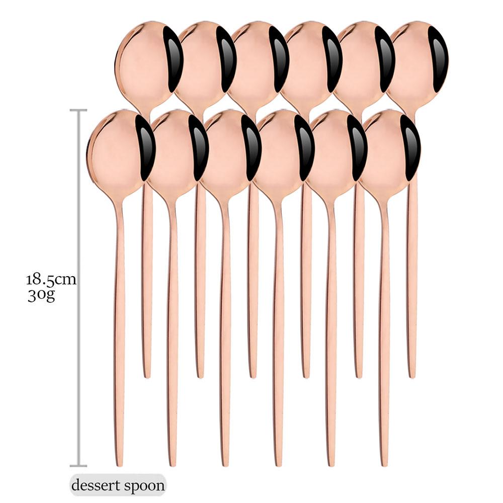 Drmfiy 12Pcs Rose Gold Cutlery Set Fork Knife Spoon Flatware Stainless Steel Dinnerware Set Lomg Ice Spoon Kitchen Set Tableware