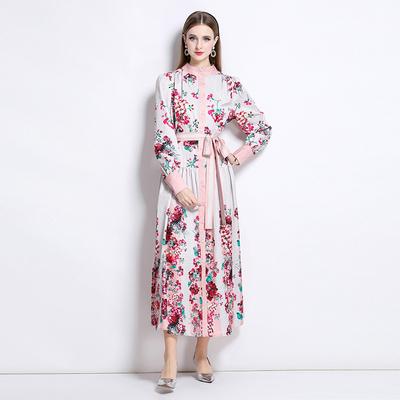 Spring Autumn Women Vintage Print Flower Runway Dresses Stand Collar Single Breasted Oversized Loose Long Maxi Party Dress