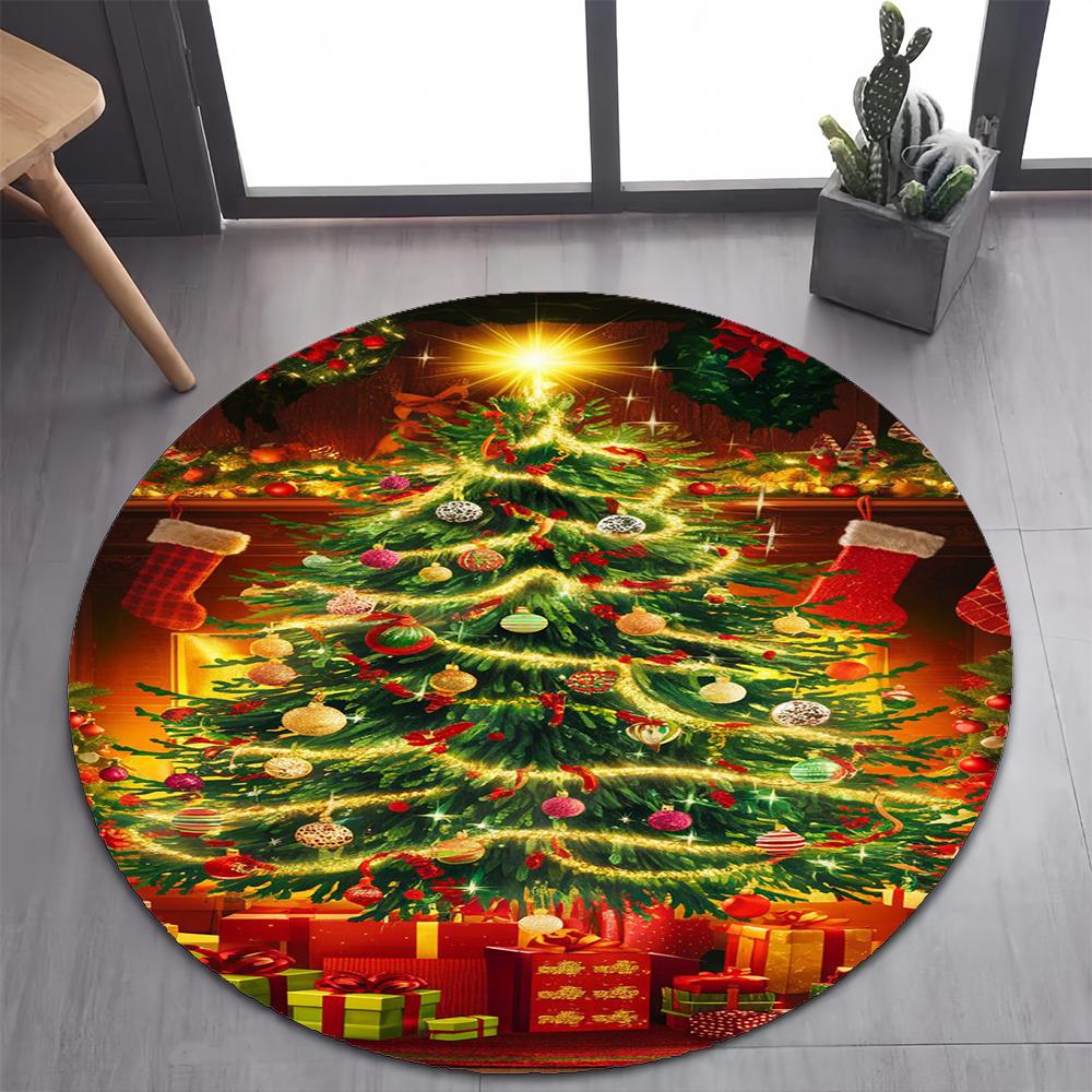 Cute Santa Claus Merry Christmas Tree Cartoon Festival Gift Round Carpet Rug for Bedroom Living Room Decoration,Decor Floor Mat